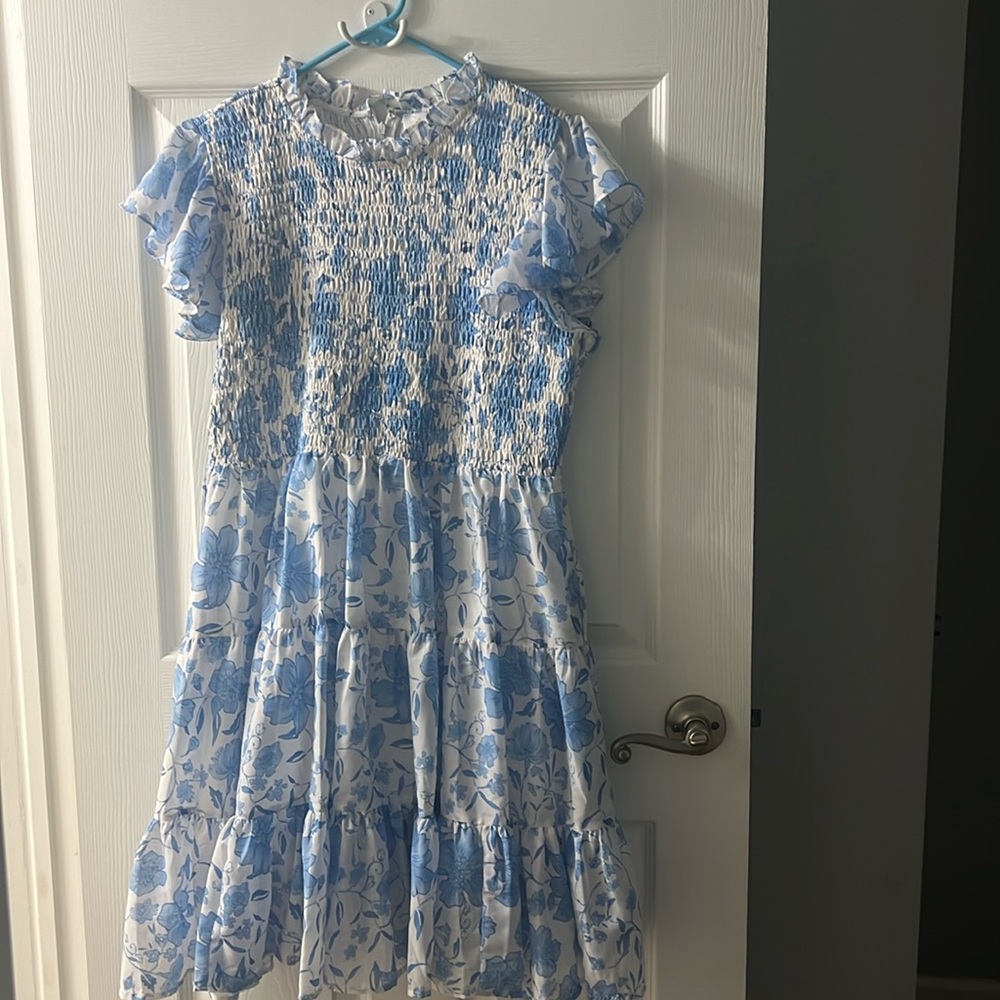 Blue Floral Smocked Tiered Midi Dress - Women